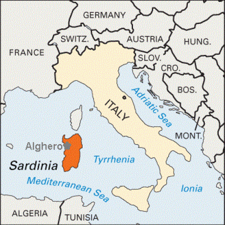 Sardinia is in the middle of the Mediterranean Sea to the West of Italy